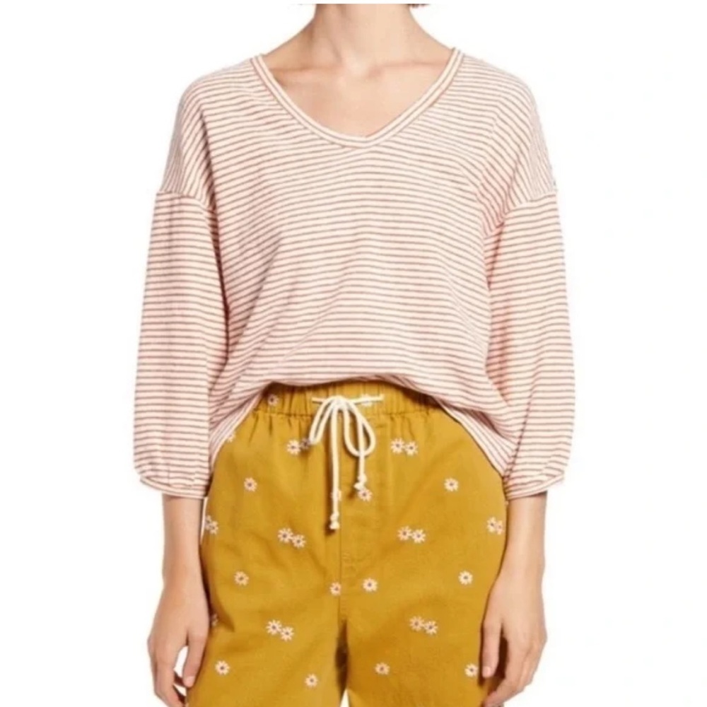 Madewell Red Cotton Striped V-Neck Bubble-Sleeve Sweatshirt